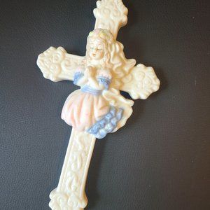 First Communion Cross for Little Girls - Vintage Pastel Pink and Blue